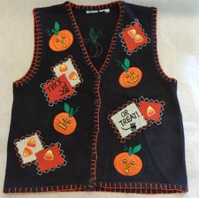 Vtg Bobbie Brooks Halloween Patchwork Embroidered Pumpkin Sweater Vest READ Size picture