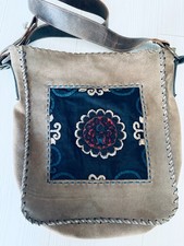 Tibetan Leather Bag Vintage Fabric Motifs Handmade Crossbody Bag **AS NEW** picture
