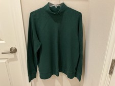 Women’s Land End Waffle Knit Mock Neck Pullover Forest Green Size L 14-16 picture