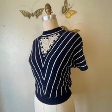 Vintage 1950s Tobi of California Navy Cream Chevron Knit Sweater Bib Top Size S picture