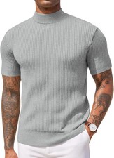 Men's Mock Turtleneck Short Sleeve Ribbed Knit Pullover Casual Lightweight Sweat picture