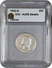 1932 D Washington Silver Quarter 25C ICG AU55 About Uncirculated Details Cleaned picture