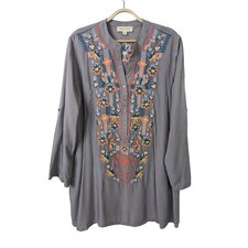 Anthropologie Luna Moon Tunic Top Large Embroidered Floral Rayon Boho Gray picture