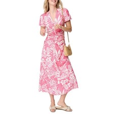 J. McLaughlin Pink White Tropical Floral Viscose Silk Ruched Midi Dress Sz 2 NEW picture