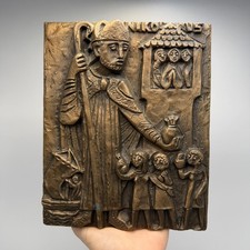 Vintage Saint Nicholas Bronze Relief Plaque Egino Weinert Style German Religious picture