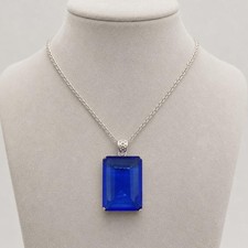 Blue Sapphire Emerald Cut 100-110 CT Pendant | Sterling Silver Wheat Chain picture