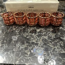 Set of 5 Pier 1 Moroccan Napkin Rings Copper Metal Red Beads Xmas Fall Holiday picture
