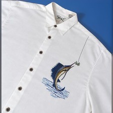 Bamboo Cay Men's L White Short Sleeve Woven Button-Up Pockets Embroidered Fish picture