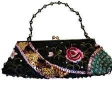 NWOT Vtg Aldo Black  Beaded Sequin Evening Handbag with Floral Design  picture