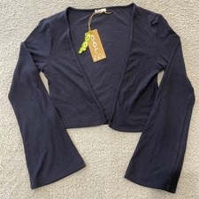 NWT OGL Move Ribbed Bell Sleeve Cropped Cardigan Women Small Navy Wool Blend picture