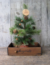Small Primitive Wood Box Sleighbells Stencil w Christmas Tree picture
