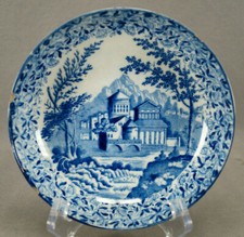 British Staffordshire Blue Transferware Castle Villa Pearlware Saucer C1815-1820 picture