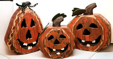 Lot Of 3 Primitive Handcrafted Wooden / Lit JACK-O-LANTERNS Halloween / Folk Art picture