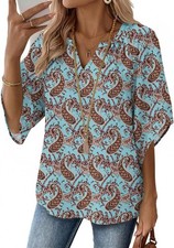 Womens Boho Floral Blouse 3/4 Sleeve V Neck Casual Loose Fit Tunic Shirts Tops picture
