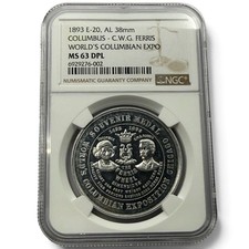 1893-CHICAGO Columbian Expo Ferris Wheel Medal, E-20, NGC MS 63 DPL picture