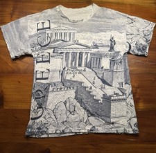 Vintage Athens Greece Art Tee Temples Print All Over T-shirt Unisex Adult Sz L picture