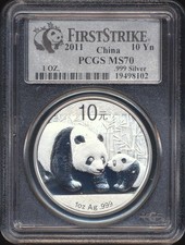 2011 China Panda 1oz .999 Silver - 10 Yuan -  PCGS MS70 - FIRST STRIKE picture