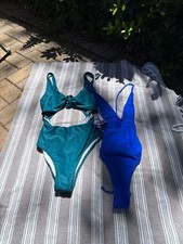 SHEIN NWOT One Piece: Teal Knot Front Cutout & Blue Plunge Lace-Up, Sz S picture