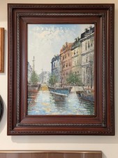 Vintage J. Bardot European Harbor Canal Oil Painting Canvas Framed Cherry Wood picture