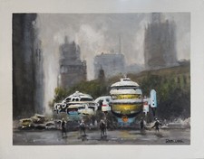 Original Sci Fi Painting New UFO Drones Landing City Scene Acrylic/Canvasboard picture