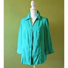 Literary Chic Teal Button Front Blouse 3/4 Sleeve V-Neck Office Top Size Large picture