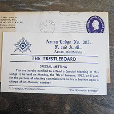 Vintage 1952 Notice to Appear at Mason Azusa Lodge #305 To Try/Discipline Member picture