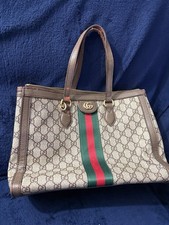 Gucci GG Monogram Tote Bag Beige Brown Green Red Stripe Worn Handles Peeling picture
