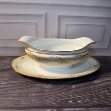 Vintage Noritake Morimura Gravy Boat Attached Underplate Green Wreath M Japan picture