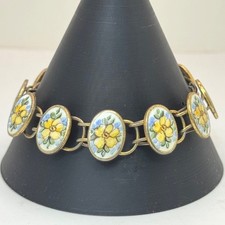 Bliss Brothers Sterling Oval Enamel Tennis Yellow Flowers Rose Bracelet Vintage  picture