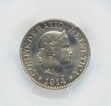 1914 B Switzerland Libertas Liberty 10 Rappen PCGS Mint State 66 Swiss Coin D885 picture