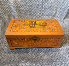 Vintage Folk Art Carved Wood Jewelry Music Box Chest River Cottage Scene picture