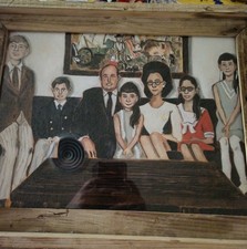 VTG OOAK 1960s Acrylic Whimsical Family Portrait Painting  Rustic Frame 15