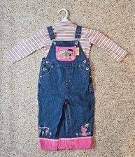 Vintage Cheerios Kids Denim Overalls Striped Turtleneck Set Pink Blue 90s Floral picture