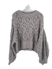 H&M Gray Open Cable Knit Cropped Sweater Balloon Sleeves Sz XL Grandpacore Cozy picture