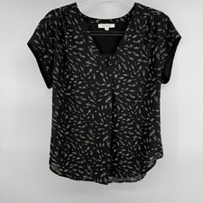 Monday Fun Womens Black Geometric Print V-Neck Short Sleeve Blouse Large picture