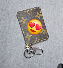 Brown/Gold Monogram Faux Leather Key Chain w/ Heart Eyes Emoji, Silver Clasp picture