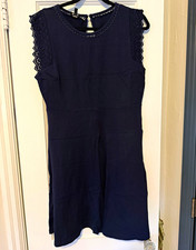 Talbots Petites PL Blue Solid Knit Cotton A-Line Knee Zip Dress Lace picture