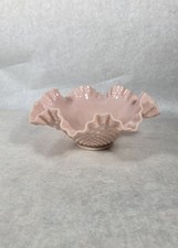 Vintage FENTON Pastel Pink Milk Glass Bowl Hobnail Ruffled Edges 10