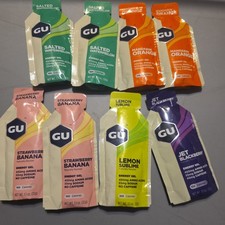 Gu Gel Sample 8 Pack Lot 5 Flavors 1.1 oz Straw Banana, Watermelon, Lemon, Black picture