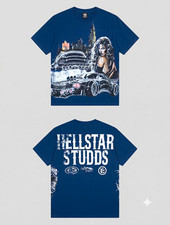 Hellstar Men’s Navy Oversized Muscle Car Graphic T-Shirt Size XL Short Sleeve picture