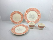 Antique 1892 Minton & Co Florentine Red Transferware Plate Cup Set England 5pc picture