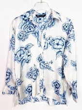 ZARA OFF-WHITE BLUE FLORAL PATTERN LONG SLEEVE SILKY BLOUSE SZ XS picture