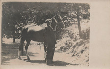 MAN WITH PRIZED HORSE REAL PHOTO POSTCARD UNKNOWN LOCATION 1910 RPPC picture