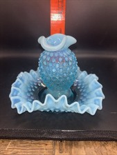 VINTAGE FENTON OPALESCENT BLUE HOBNAIL DOUBLE CRIMPED BON BON DISH & VASE SET picture