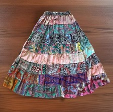100% Silk O/S  Boho Hippie Patchwork Festival Maxi Long Skirt Drawstring picture