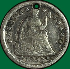 1853-O Arrows Seated Liberty Half Dime Fine F Coin, Holed #48988 picture