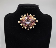 Vintage Signed SCHREINER New York Multi Tiered Rhinestone Pearl Brooch Pendant  picture