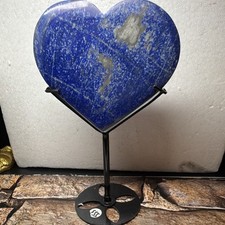 Blue Polished Heart-Shaped Stone Crystal Mineral Decor Piece on Metal Stand picture
