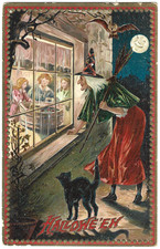 1909 Tuck's 160 Halloween Postcard Witch Black Cat Looking In Window Owl Posted picture