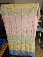 Vintage Handmade Crochet Knit Afghan Zig Zag Chevron Throw Blanket Granny 60X80